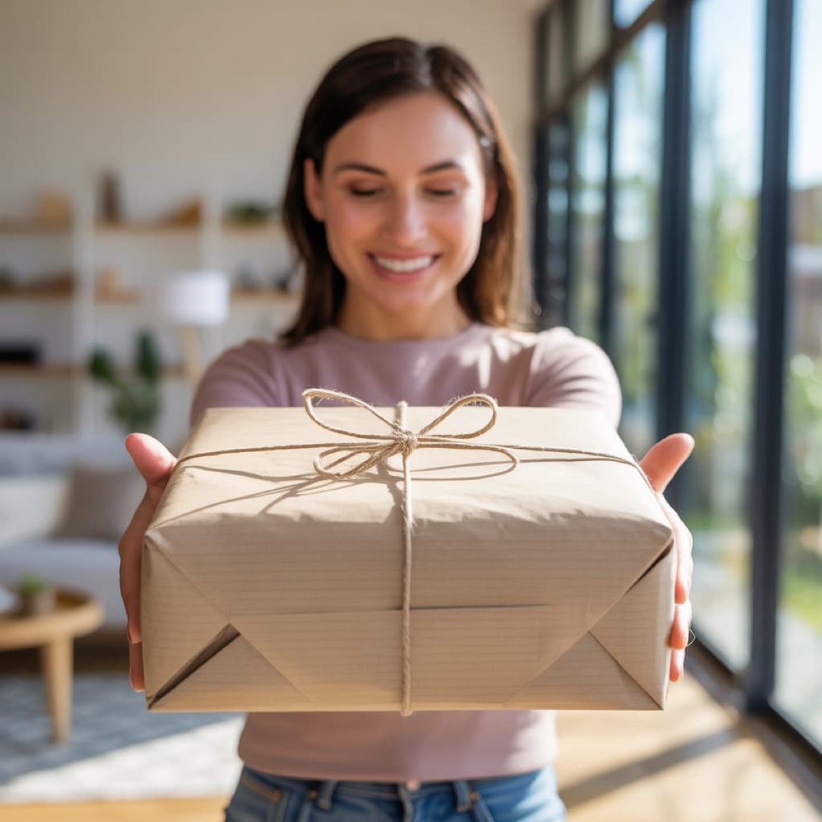 A customer receiving a wrapped parcel at home